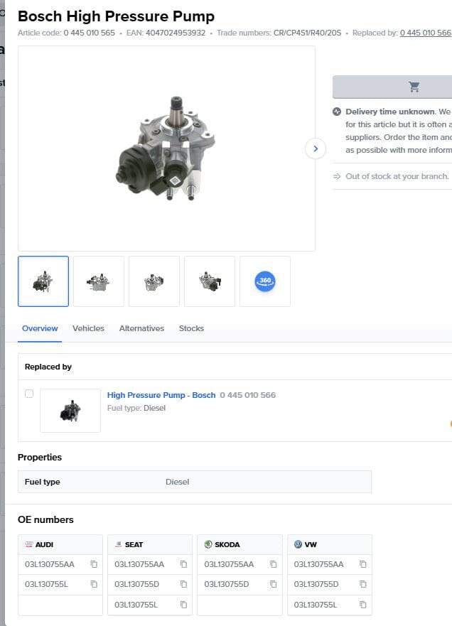 0-445-010-565DR (0-445-010-514 ; 0-445-010-526 ; 0-986-437-405 ; 0-445-010-533) New Bosch Common Rail Injection Pump fits Skoda VW Seat Audi engine - Goldfarb & Associates Inc