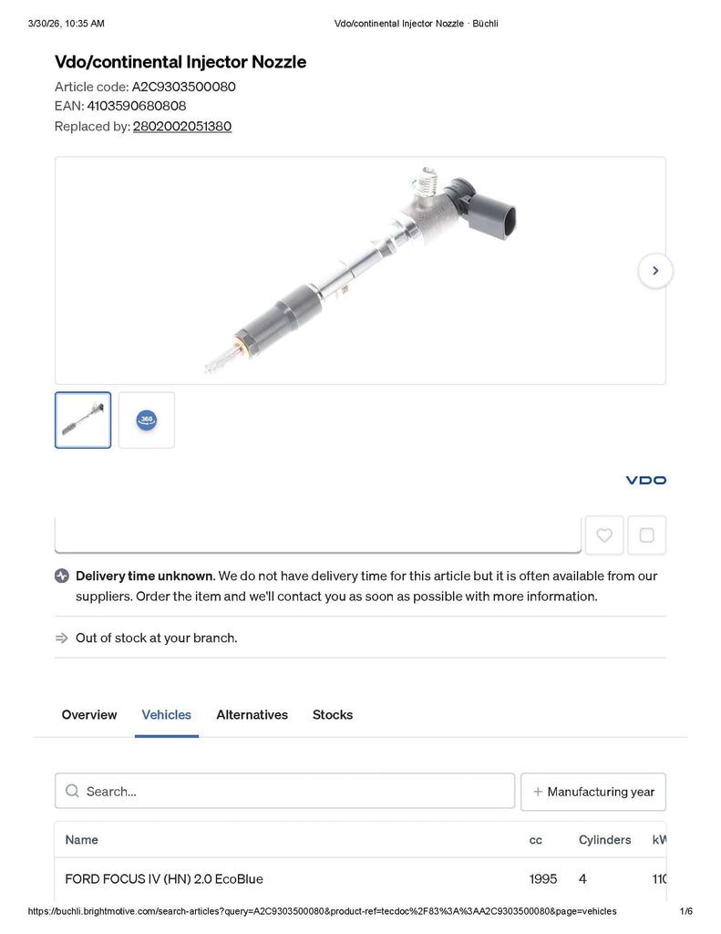 GK2Q9K546ACN (2143478; 2802002051380) New VDO Fuel Injector Fits Ford